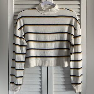 SO Mock Turtleneck Cropped Sweater, Sz XS, Cream/White w/Blue/Gold Stripes